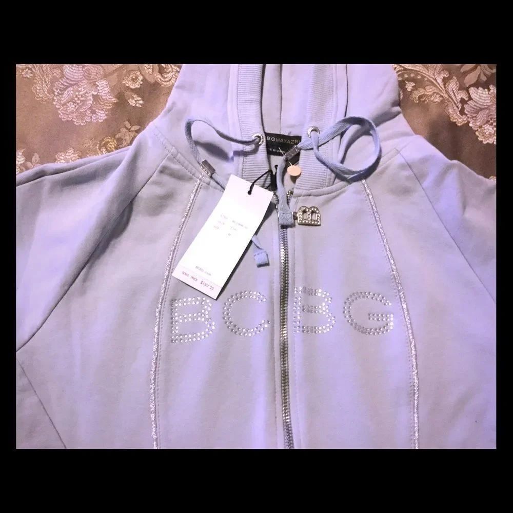 BCBG MaxAzria Blue Hoodie Sz M Logo Bling Jacket